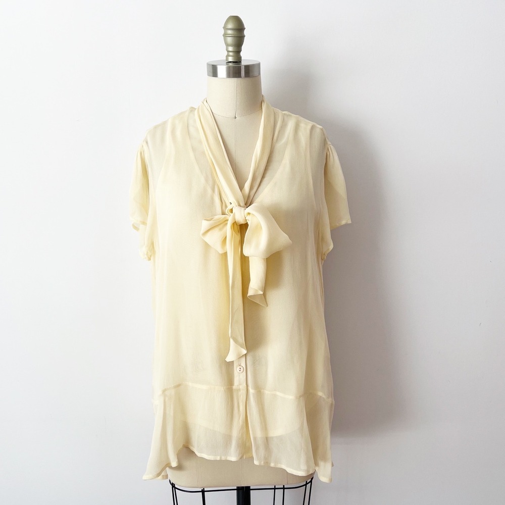 April Cornell Blouse Cream Sheer Bow Petal Sleeve Short Sleeve Top‎ S